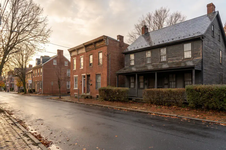 Historic rowhomes and twins near the Delaware River in Bristol Pennsylvania