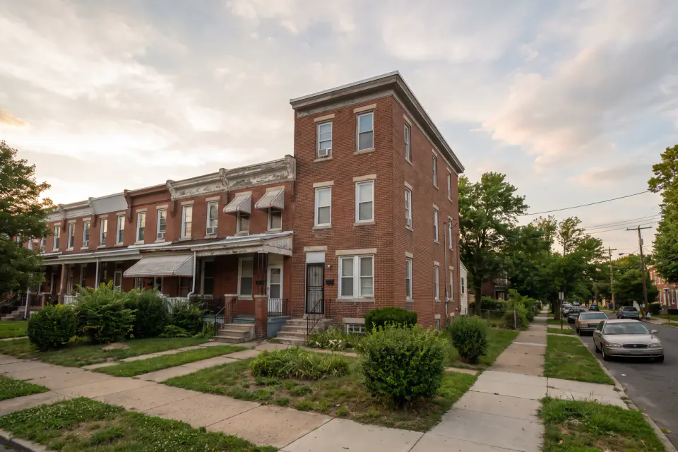Older attached homes and a small multifamily on a Camden, NJ block