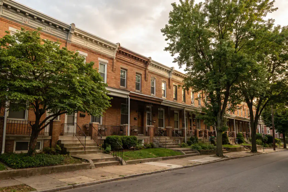 Prewar brick rowhomes on a quiet Philadelphia residential block