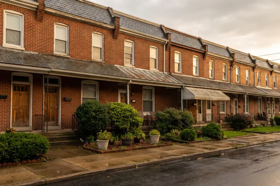 Brick rowhomes on a narrow residential street in Reading Pennsylvania