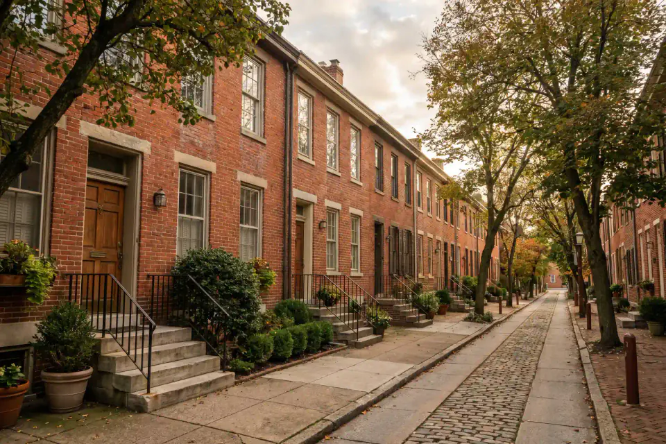 Historic brick townhomes along a walkable West Chester, PA block