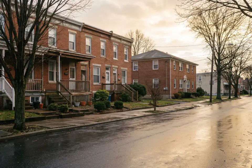 Brick rowhouses and small multifamily homes on a Wilmington block