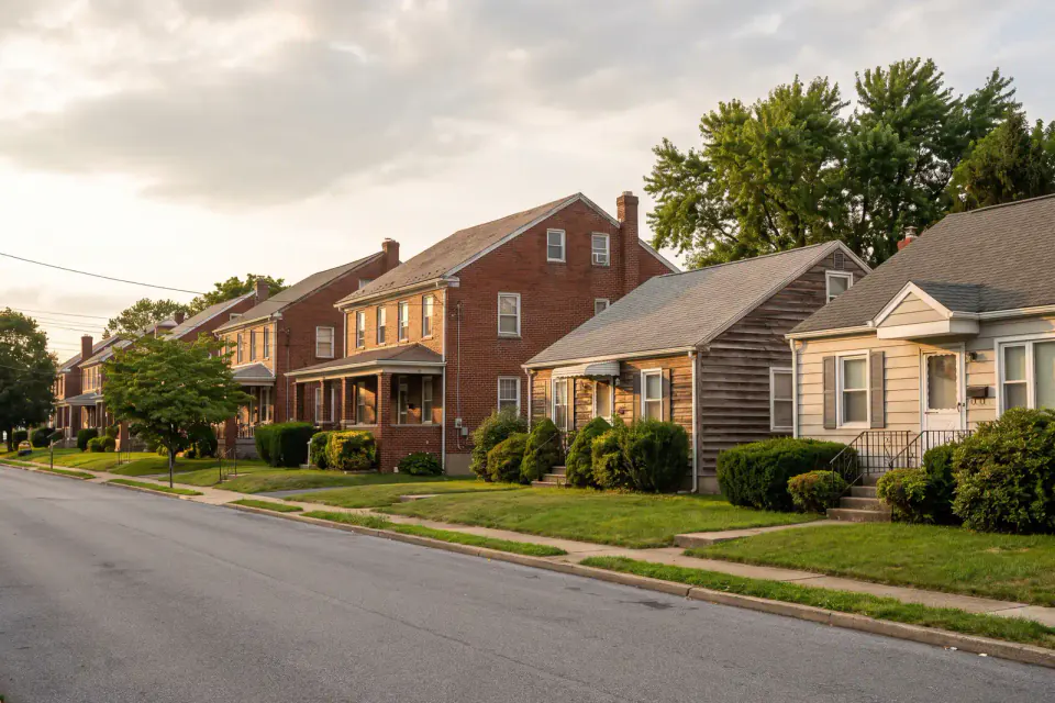 Older brick rowhouses on a residential street in Reading, Berks County Pennsylvania