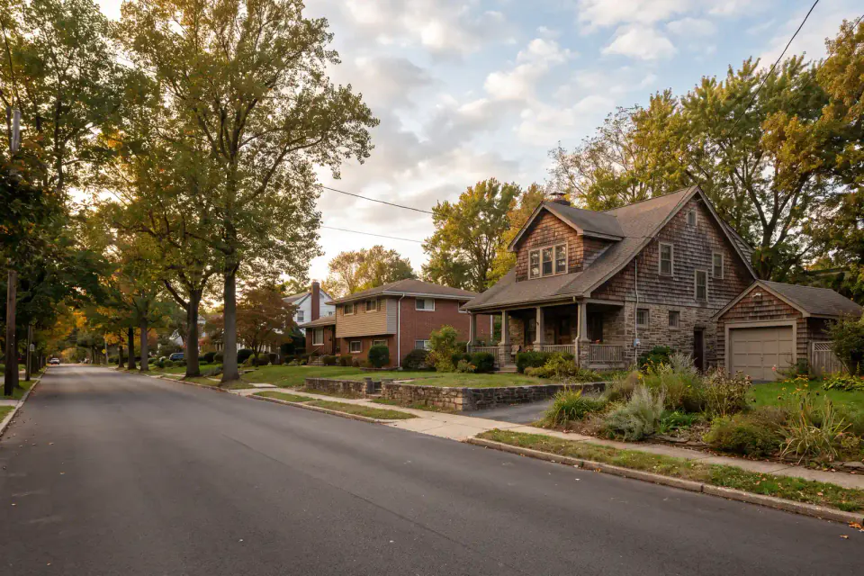 Early twentieth-century stone home and mature trees in Montgomery County Pennsylvania
