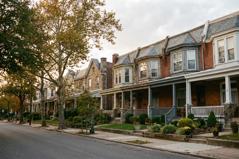 Pre-1940 brick rowhouses lining a narrow South Philadelphia block in Philadelphia County