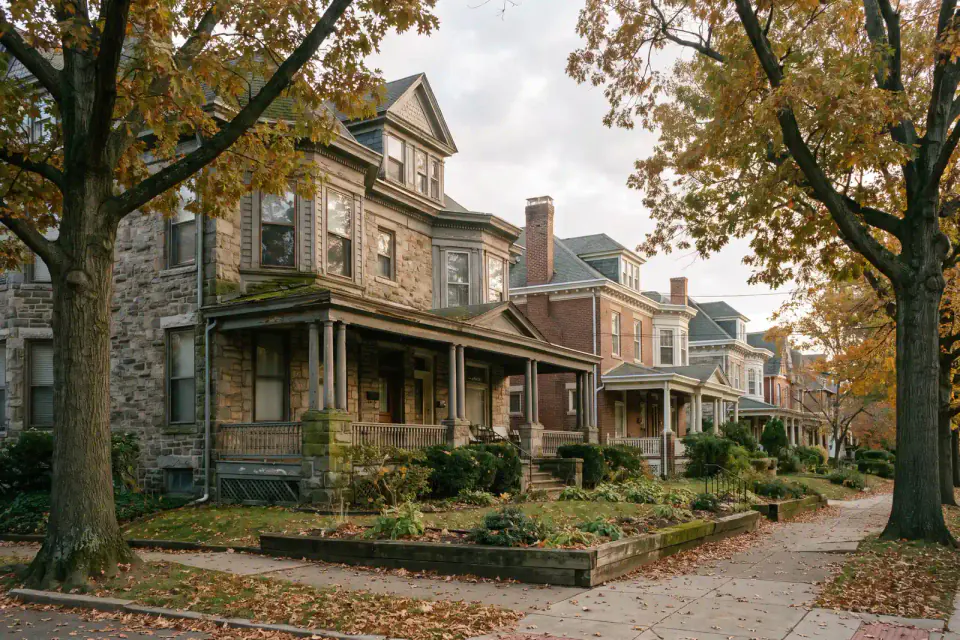 Large stone and brick homes on a Germantown street