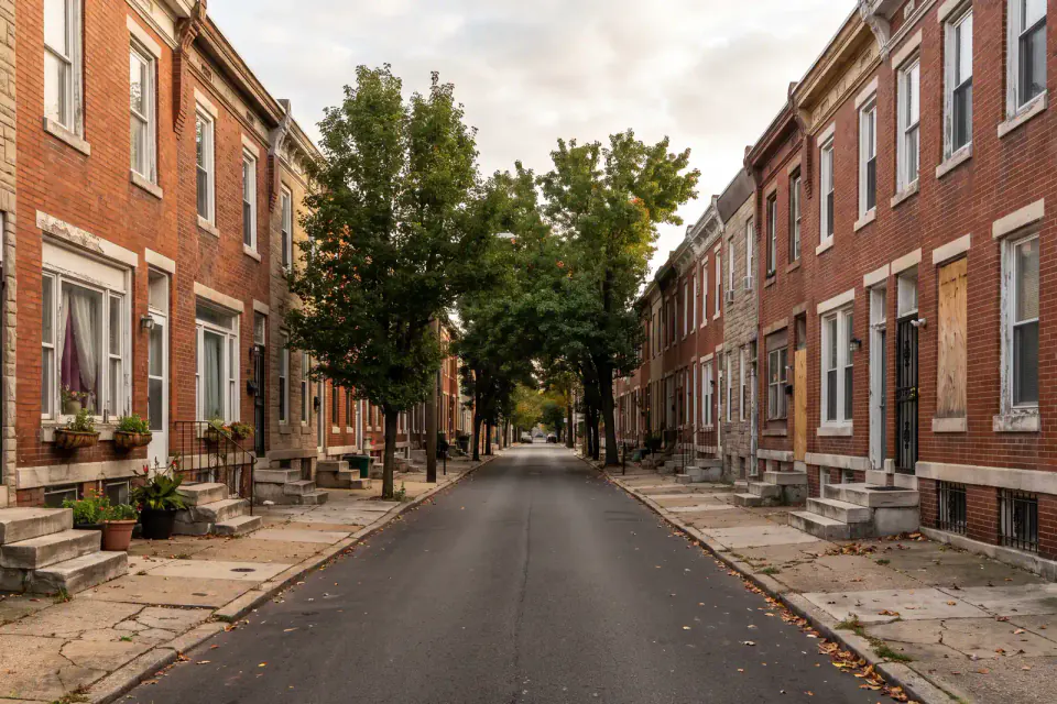 Narrow brick rowhomes near Hunting Park