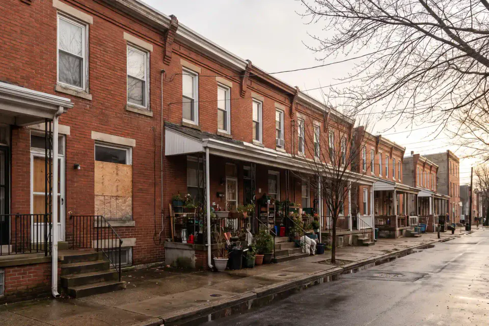 Older rowhomes on a compact Nicetown block