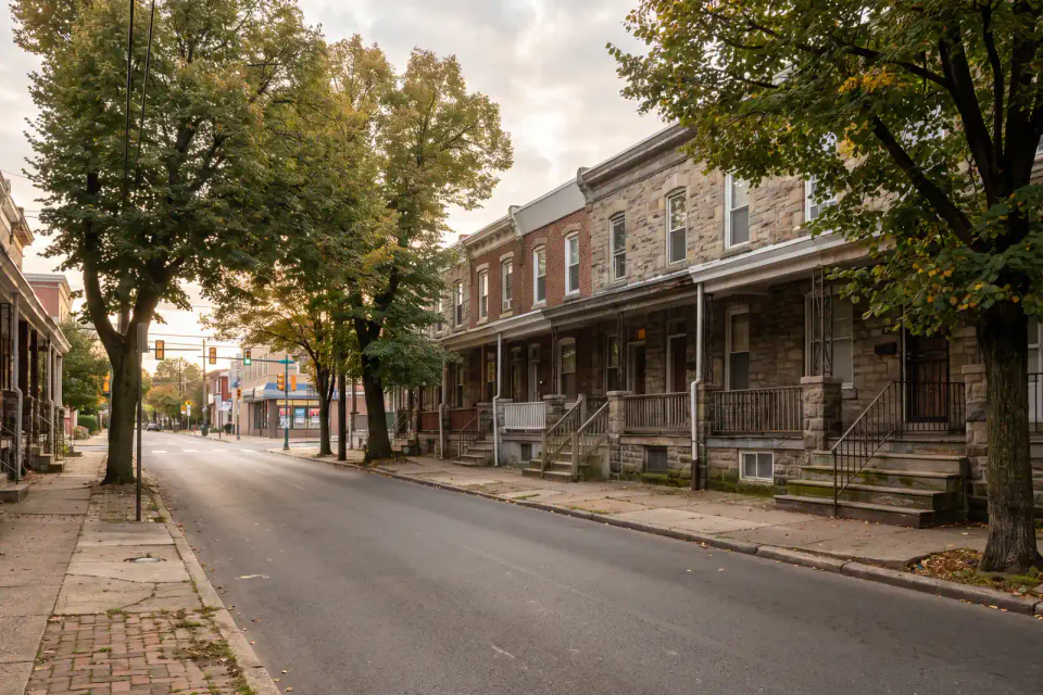 Stone and brick rowhomes near an Olney commercial corridor