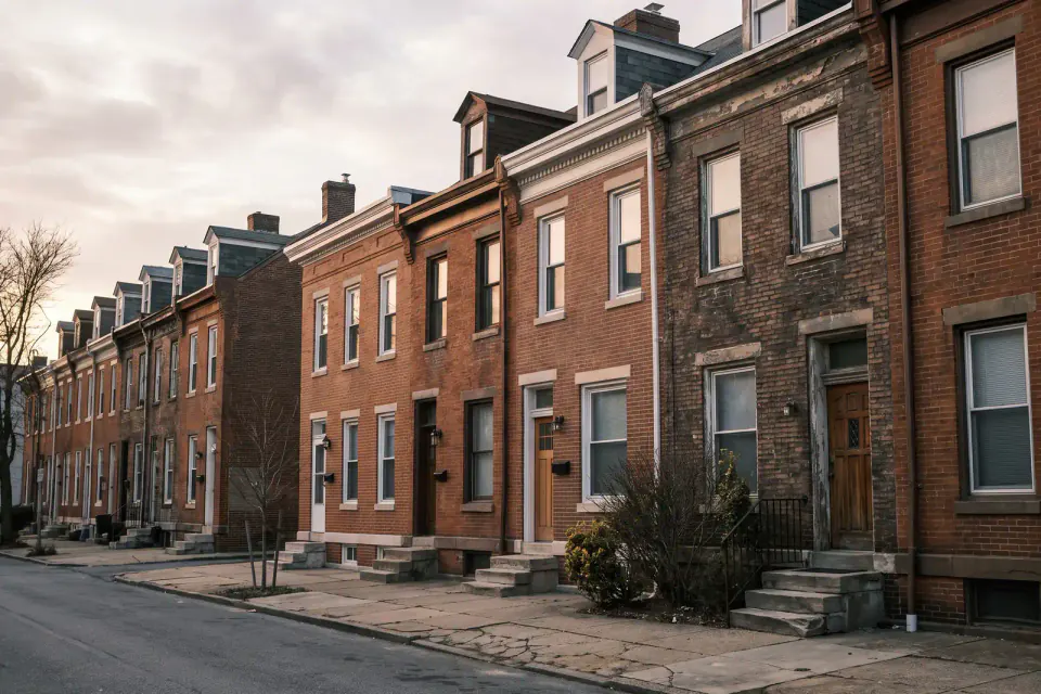 Brick rowhomes on a changing residential block in Point Breeze