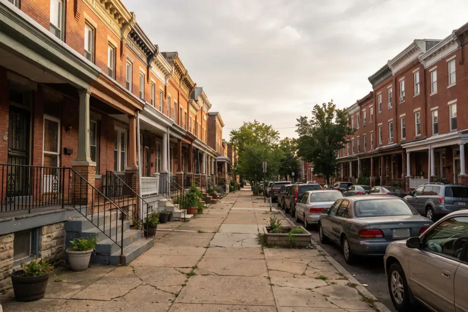 Classic brick rowhomes along a narrow South Philadelphia street