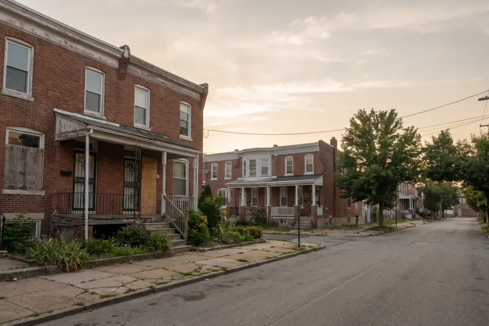 Rowhomes and twins on a Southwest Philadelphia block
