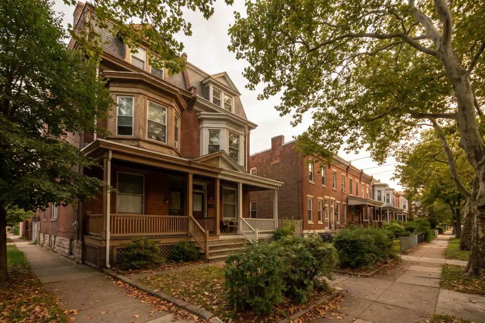 Victorian twins and rowhomes on a West Philadelphia block