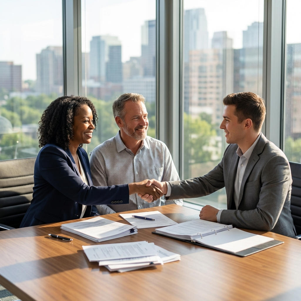 Homeowner shaking hands at closing table
