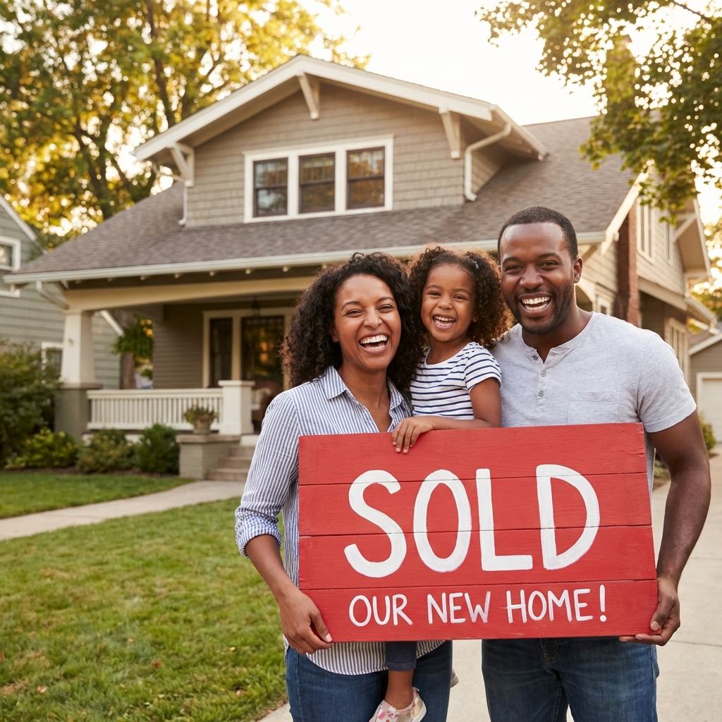 Family celebrating their home sale with SOLD sign