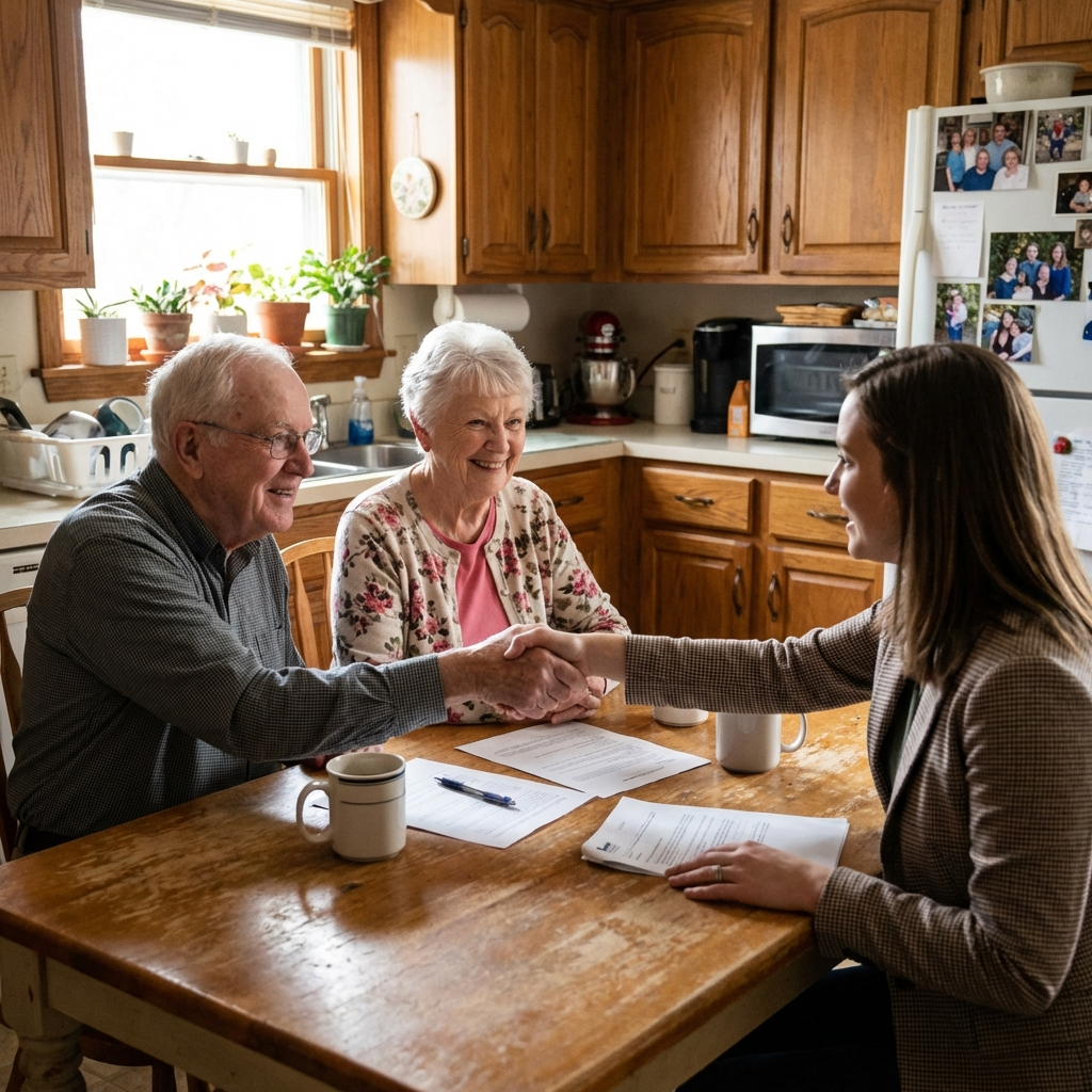 Elderly couple signing closing documents at their kitchen table